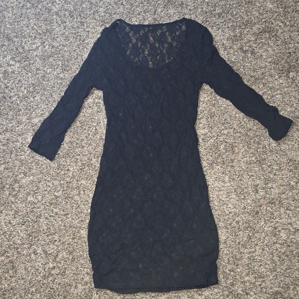 Guess Midi Dress Women's Small Long Sleeve Lace Rosette Overlay V Neck Black